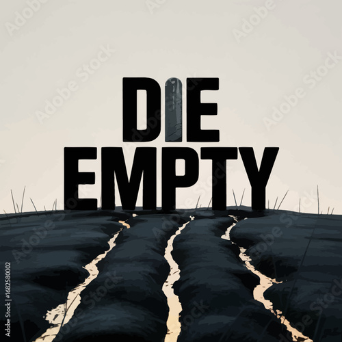 Bold black text die empty over a dark textured landscape with light streaks and a faint horizon