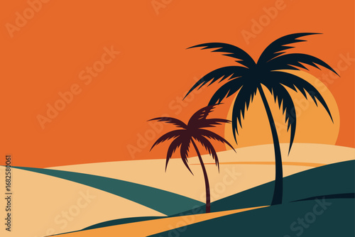 Stylized illustration of two dark palm trees silhouetted against a warm orange sky with a setting sun and rolling hills