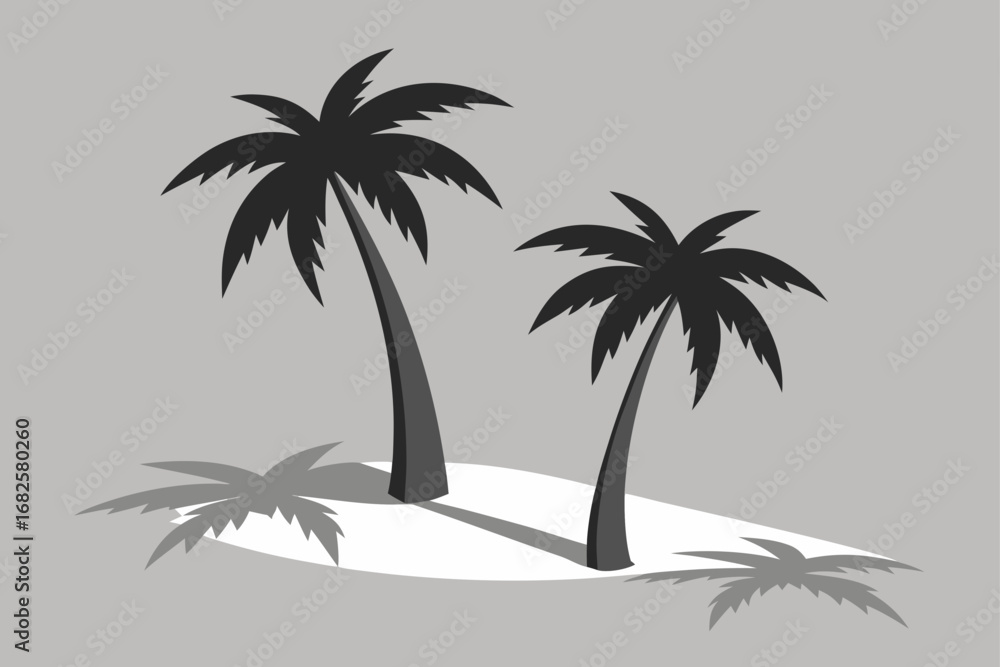 Naklejka premium Two stylized black palm trees casting shadows on a white sandy area against a gray background