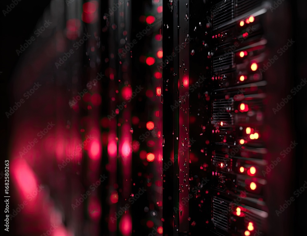 Fototapeta premium Close-up of server rack with red lights and water droplets