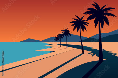 Stylized tropical beach scene with palm trees casting long shadows against a vibrant orange sunset sky and blue ocean water