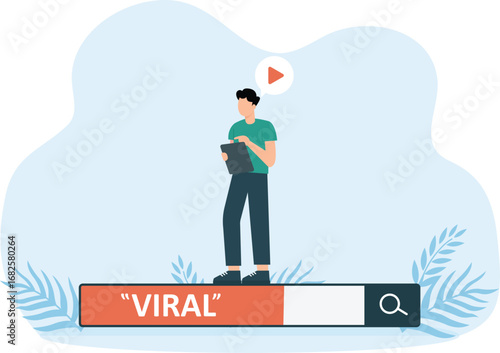 Cartoon People Of Viral Content Concept. Tiny Characters on Big Phones with various icons. Social Media Blogs, Streaming Movies, Online Networking Likes, Interesting Followers.
