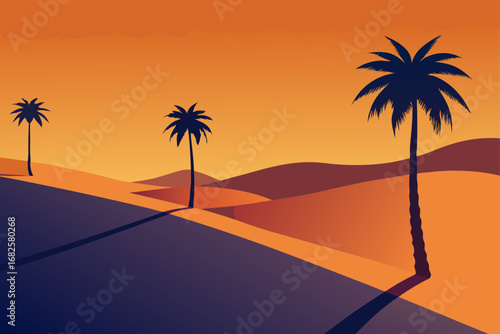 Stylized desert landscape with palm trees silhouetted against a warm gradient sunset sky