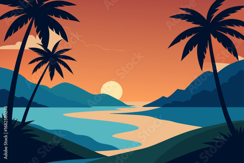 Serene tropical beach at sunset with silhouetted palm trees and calm ocean waters reflecting the warm sky