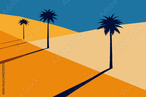 Stylized geometric landscape with dark palm tree silhouettes and long shadows against a clear blue sky