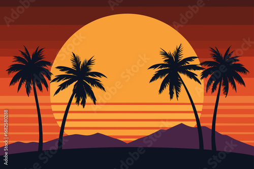 Vibrant sunset silhouette of palm trees and mountains over a tropical beach