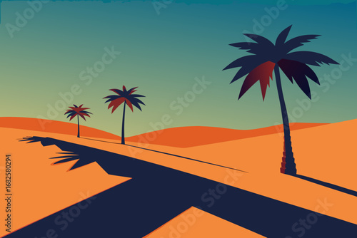 Stylized desert landscape with silhouetted palm trees casting long shadows across orange sand dunes under a gradient sky