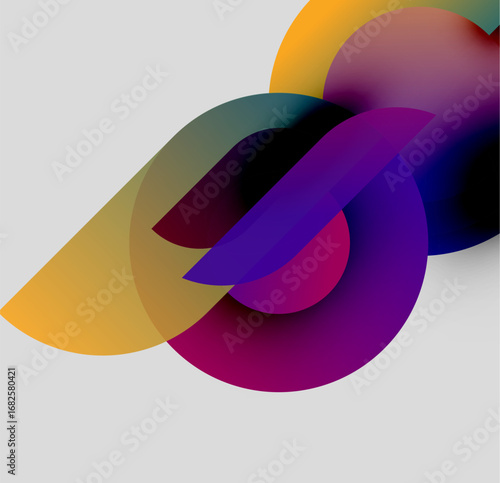 Abstract composition. Overlapping colorful circles create dynamic visual effect. Gradient hues blend smoothly, forming fluid shapes.
