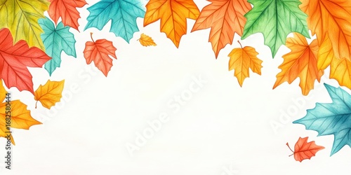 Colorful autumn maple leaves watercolor illustration background. Decorative fall foliage design. Nature concept, vibrant seasonal art, blank template, creative card, elegant border, multicolored