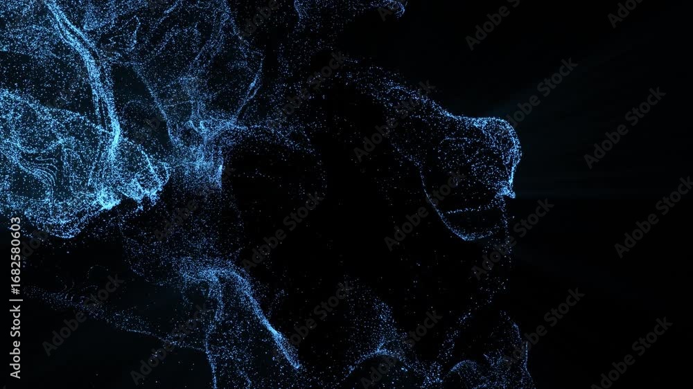 Abstract 3D visualization of blue glowing particles forming dynamic waves on dark background. Futuristic digital flow, data stream, neural network and technology motion design animation