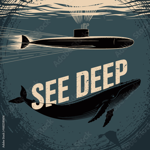 A powerful submarine navigates the deep ocean waters above a majestic whale symbolizing exploration and discovery in the vast underwater world