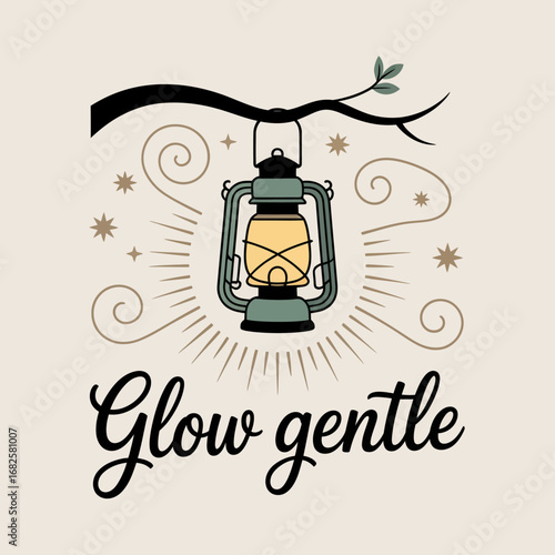 Vintage kerosene lantern hanging from a tree branch emitting a warm yellow glow with decorative swirls and rays on a light beige background with the words glow gentle