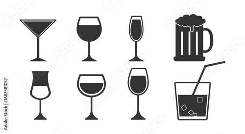 Drink and Cocktail Glass Icon Set – Black Silhouette Alcohol Vector Collection on White Background.