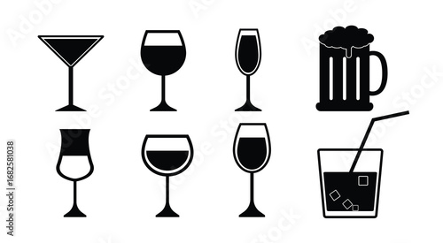 Drink and Cocktail Glass Icon Set – Black Silhouette Alcohol Vector Collection on White Background.