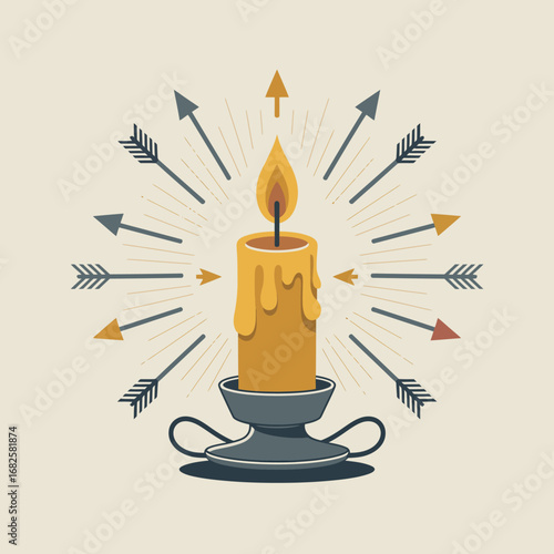 A lit candle in a candlestick holder surrounded by arrows pointing towards it from all directions symbolizing resilience and protection against challenges