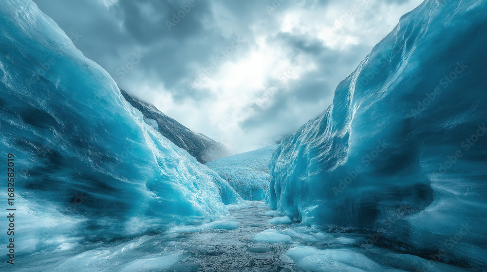 Fototapeta premium Glacier narrow passage with ice wall texture, for wallpaper poster design and chilly style background
