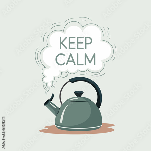 A vintage style teal kettle steaming with a cloud of smoke forming the words keep calm representing a moment of peaceful relaxation and comfort