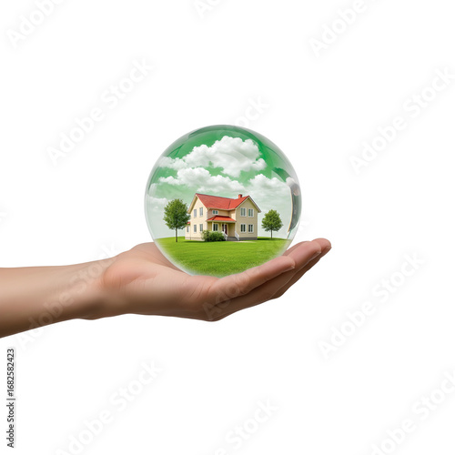 A hand holding a small house in the middle of a field - Transparent Background