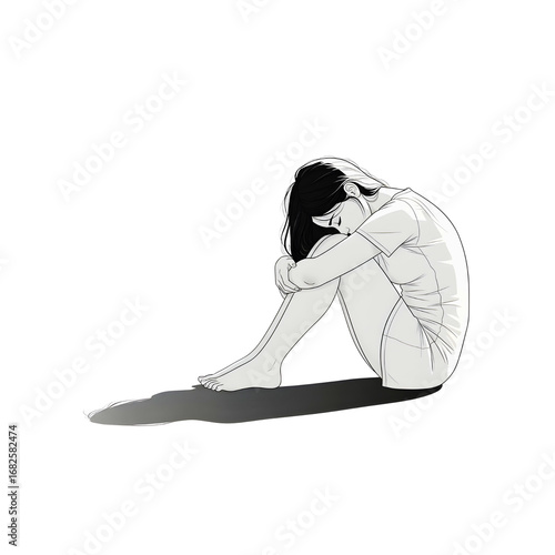 A woman sitting on the ground with her head down - Transparent Background