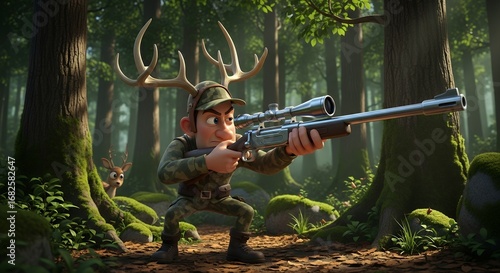 Cartoon Soldier Wearing Antler Headband Aiming Rifle in Forest Clearing