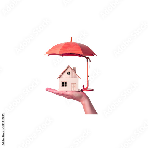 A hand holding a small house with an umbrella - Transparent Background