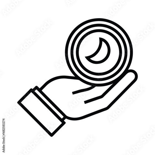 Vector line icon of a hand holding a crescent moon coin, representing charity and zakat donation