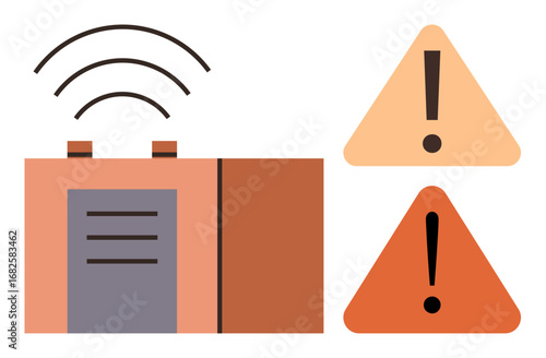 Transmitter emitting wireless signal paired with two triangular warning icons with exclamation marks. Ideal for safety, alerts, communication, technology, warning, notification, simple flat metaphor