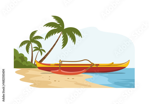 A canoe with a side rigger lies on a beach with palm trees