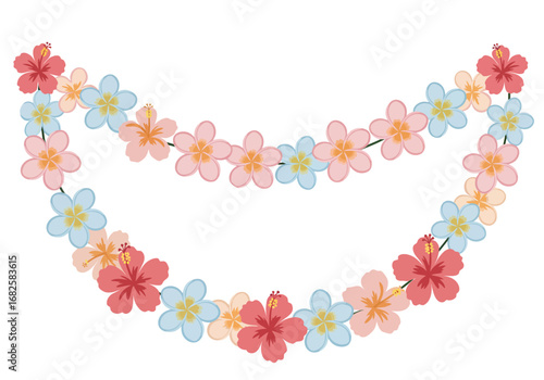 A floral lei of hibiscus and frangipani flowers arranged in a double string garland