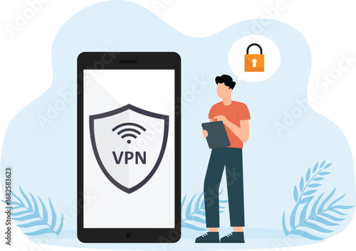 Character of person with security device for cellphone, laptop and cyber security data. Illustrations for websites, landing pages, mobile apps, posters and banners.
