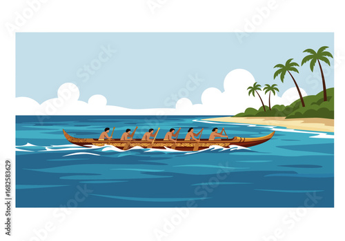 A long canoe with rowers is in the ocean near a tropical island with palm trees