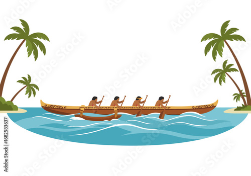 A long fourperson outrigger canoe with palm trees flanking each side in a tropical scene