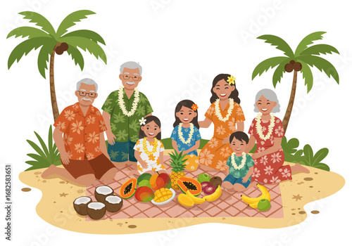 A multigenerational family picnic adorned in leis sits on a beach blanket surrounded by tropical fruits under palm trees