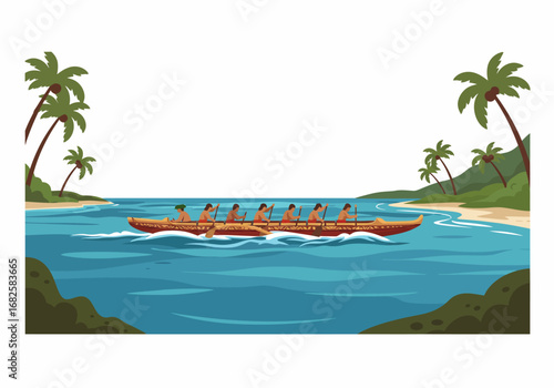 A long canoe with paddlers navigates blue waters near a tropical shore lined with palm trees