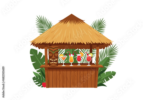 A tiki bar with a thatched roof tiki statue tropical leaves and colorful cocktails