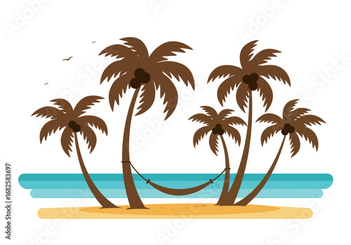 A tropical beach scene with palm trees a hammock sand and ocean water