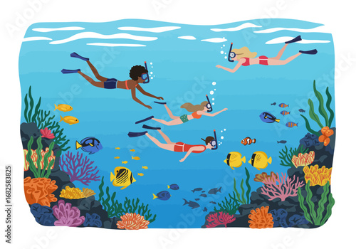 A vibrant underwater scene showing snorkelers amidst colorful coral reefs and diverse fish species
