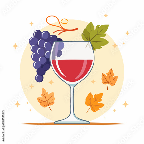 Autumn wine glass vector illustration with grapes flat style