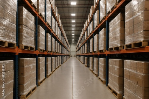 Wallpaper Mural Large warehouse aisle filled with cardboard boxes sitting on pallets wrapped in plastic, ready for shipping Torontodigital.ca