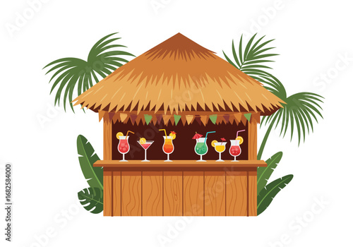Beach bar with thatched roof cocktails and palm trees