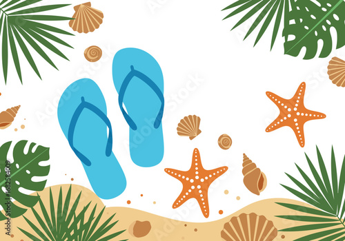 Beach scene flipflops shells starfish  tropical leaves against white background