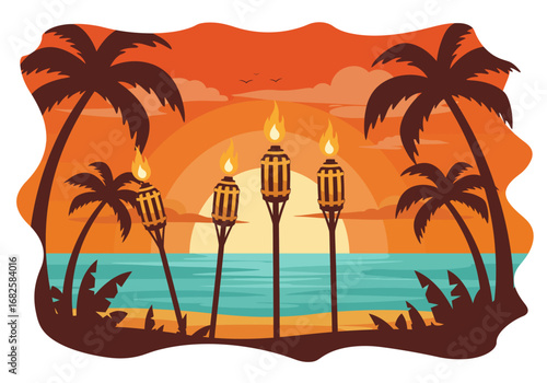 Beach scene at sunset with tiki torches palm trees and calm ocean waters