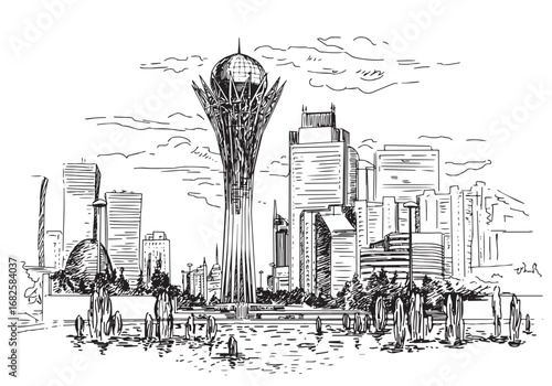 Black and White Sketch of Astana Cityscape, Kazakhstan Architecture Drawing