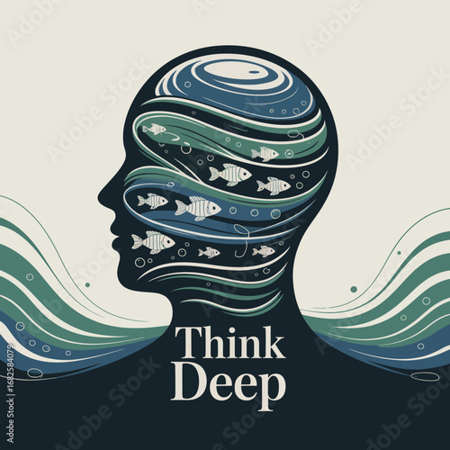 Abstract conceptual illustration of a human head profile filled with swirling ocean waves and fish symbolizing deep thought introspection and the vastness of the mind