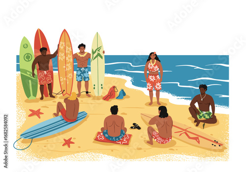 Beach scene people with surfboards leis swimsuits at sandy coast