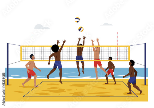 Beach volleyball game 6 men play in front of ocean 2 balls fly over net