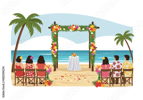 Beach wedding scene with flower arch attendees palm trees and ocean view