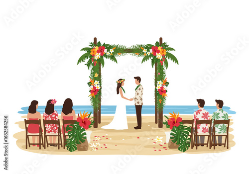 Beach wedding scene with bride groom floral arch and seated guests