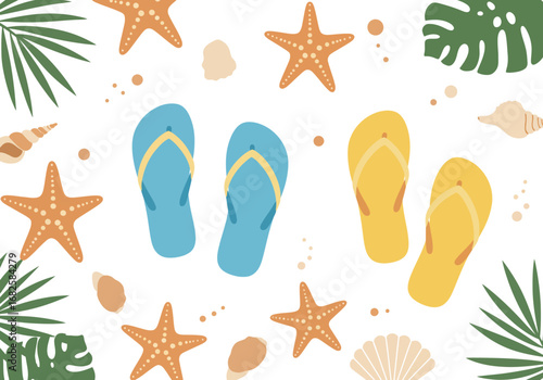 Beachthemed graphic featuring flipflops starfish shells and green tropical leaves on a white background