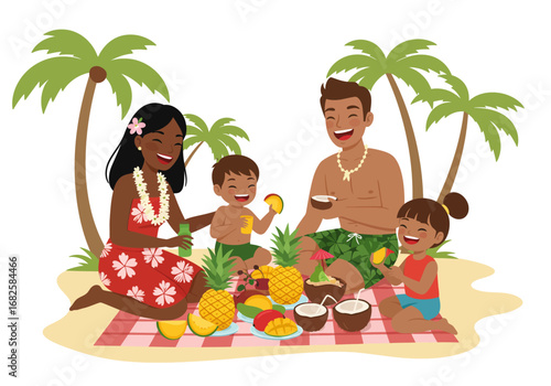 Family enjoys a beach picnic under palm trees with tropical fruits and coconuts